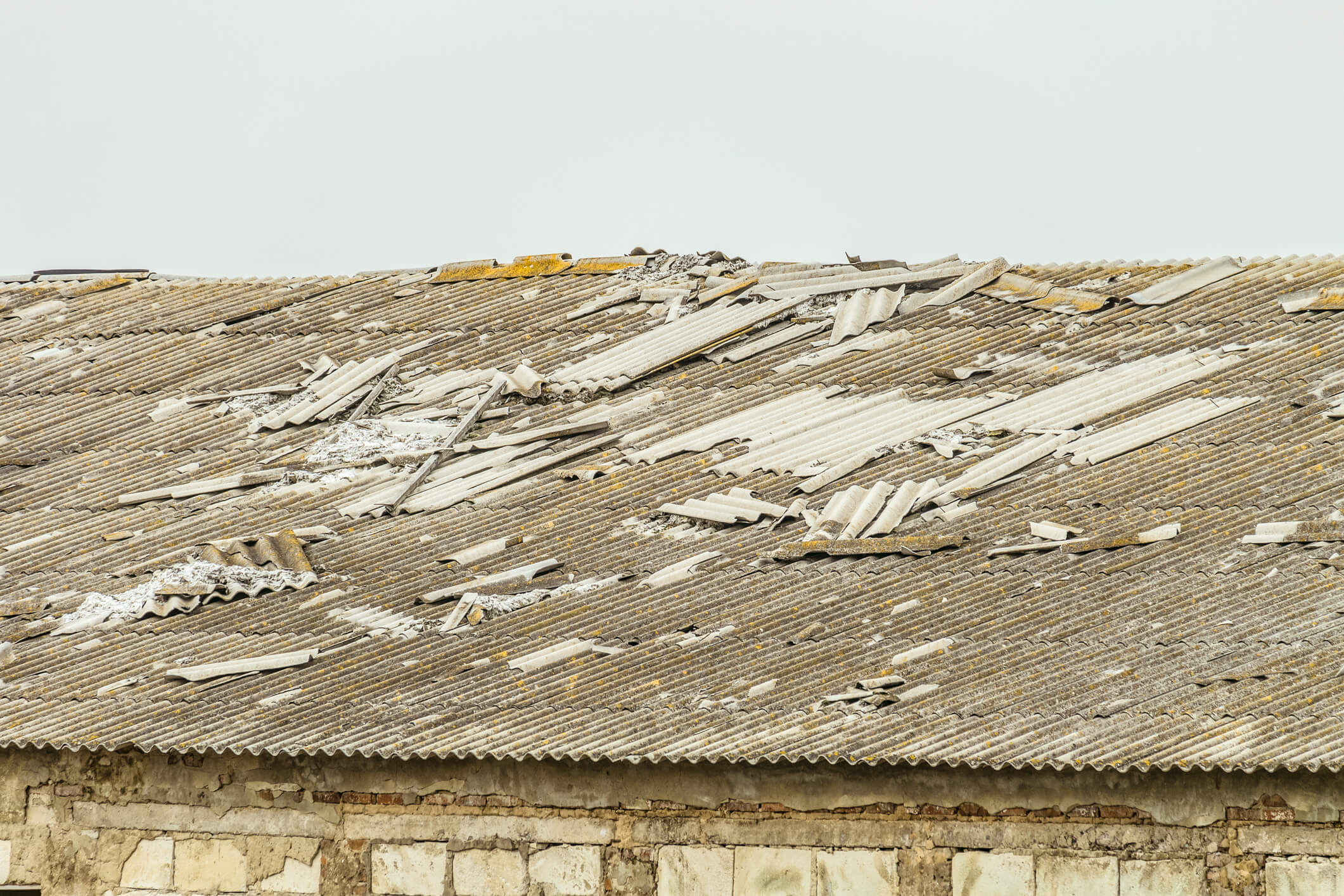 Old asbestos-cement roof of a dilapidated agricultural building.